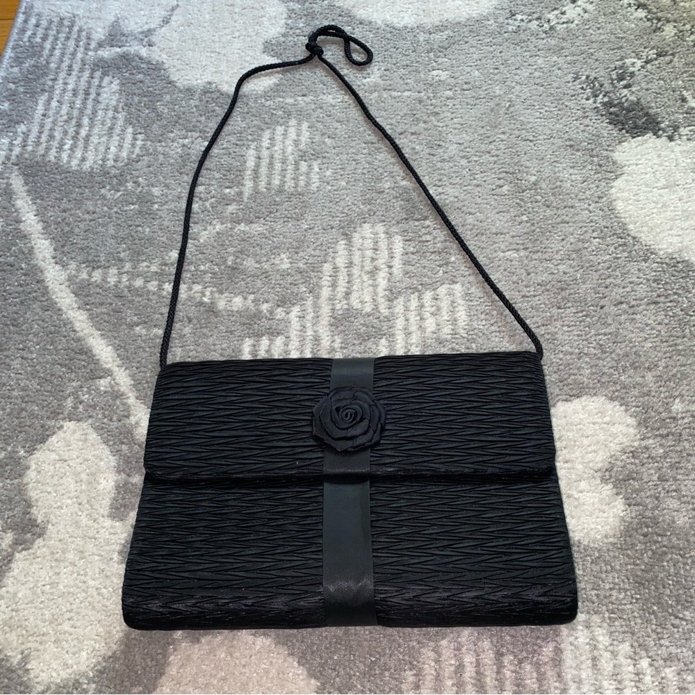 Vintage Black Satin Textured Rose Appliqué Clutch Bag